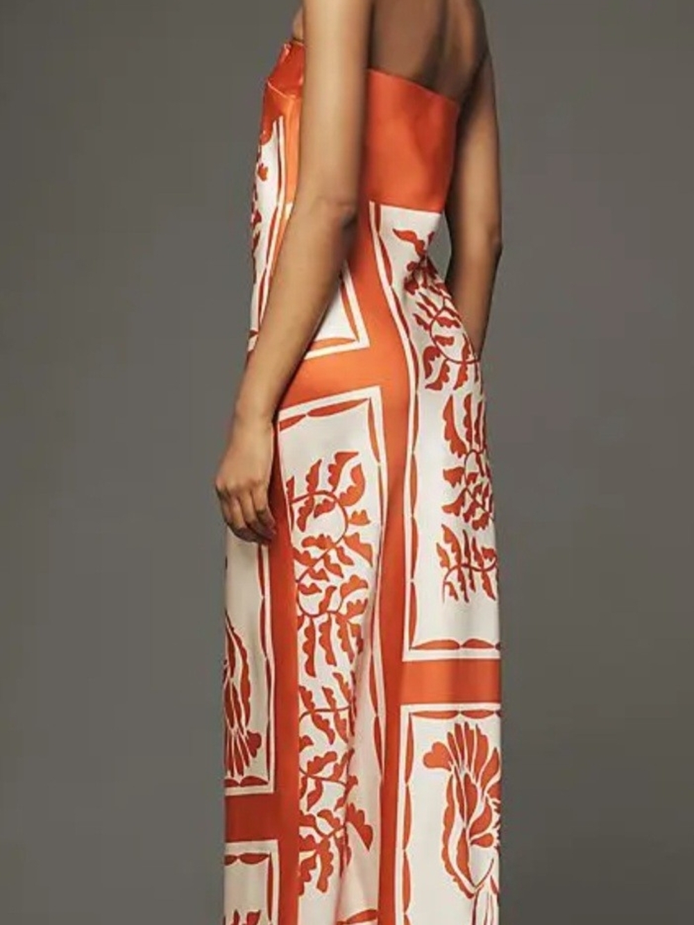 Strapless Orange and White Floral-Block Maxi Dress - Picture 2 of 4